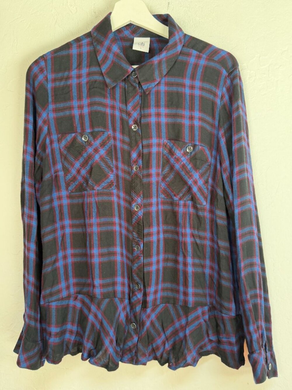 Cabi Women's Plaid Peplum Hem Button Up Flannel Shirt Large Blue Red Long Sleeve
